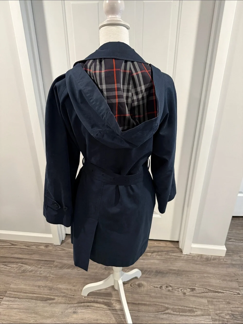 Burberry London Rain Jacket Trench Coat Removable Hood Belted Navy Women’s - Picture 4 of 14